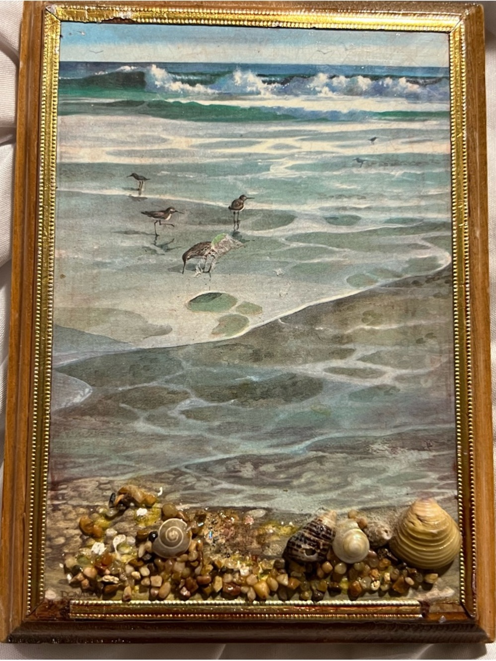 Vintage Original Oil Painting Coastal Shoreline w Seashell Size 6 1/2 “x 4 3/4”